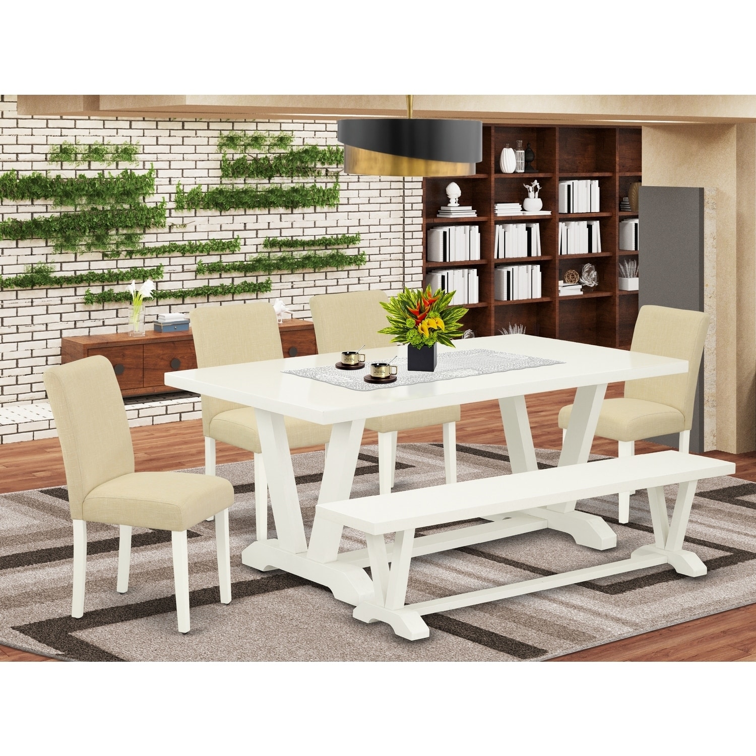 Modern 6-Piece Dining Set - Linen Fabric Chairs & Rectangular Table