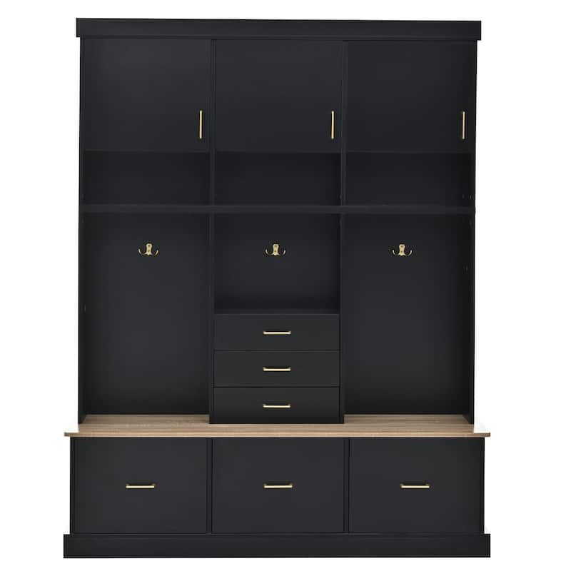 75" Entryway Hall Tree with Bench 5-in-1 Modern Storage Bench with Coat Rack, 6 Drawers, Cabinets & Shelves for Hallway, Mudroom