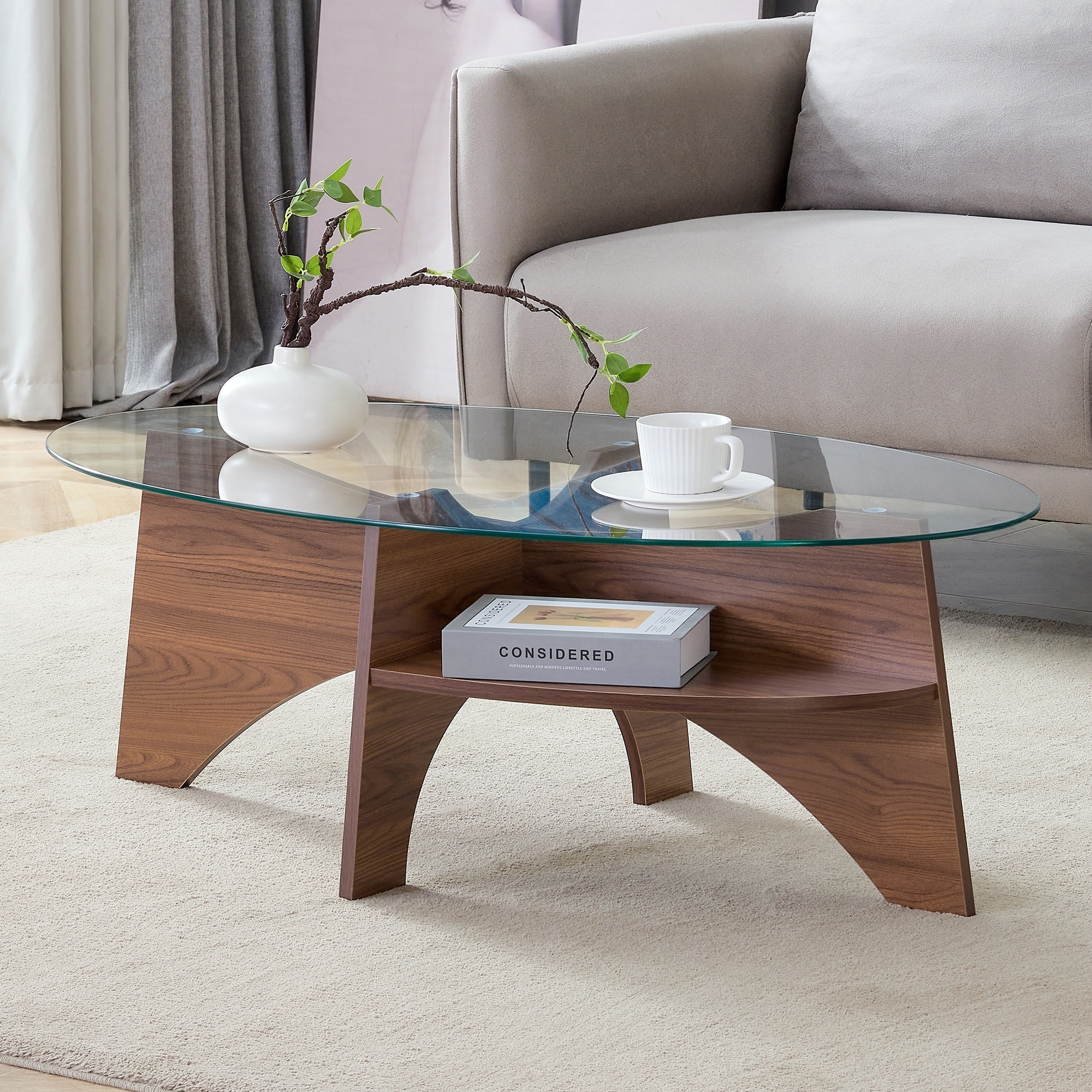 41.3"x23.6" Oval Tempered Glass Coffee Table, Diagonal fan-shaped tray design Table Leg, Walnut Wood Color