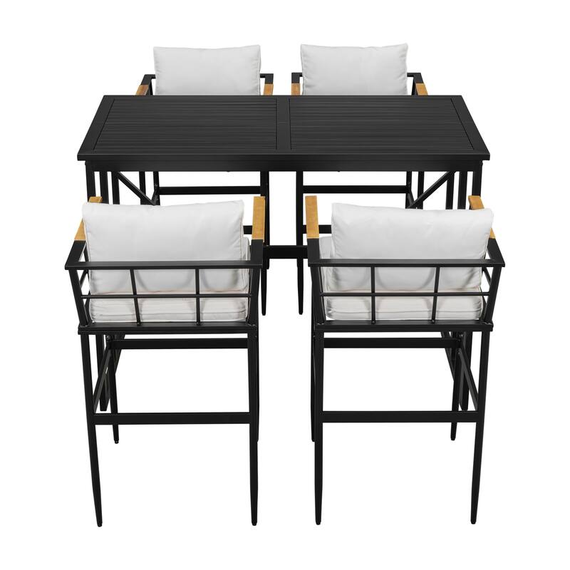 Acacia Wood & Iron Dining Set with Cushions, 400LB Capacity, 5 Pcs