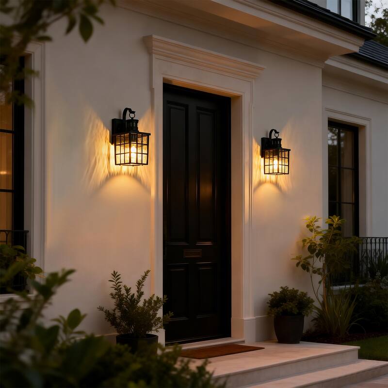 12 in. Matte Black 1-Light Motion Sensing Outdoor Wall Sconce with Dusk to Dawn and Water Wave Glass Shade