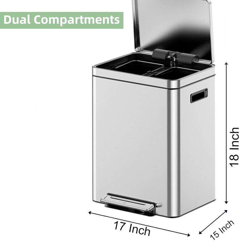 8 Gallon Dual Compartment Trash Can, Stainless Steel Garbage Can with Soft-Close Lid