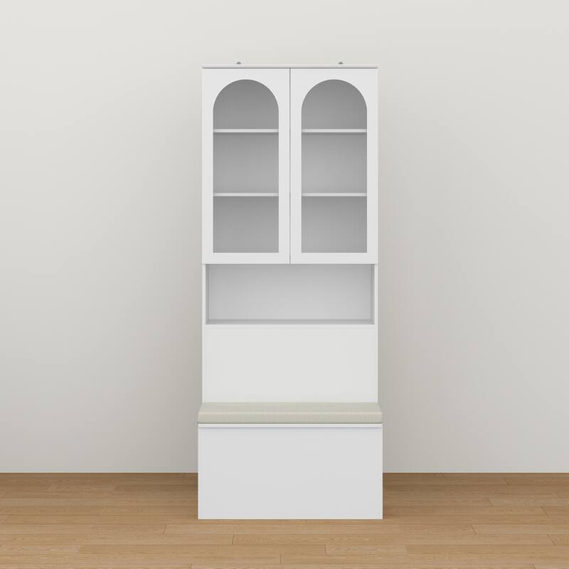 Entryway Cabinet Tempered Glass DoorsStorage Bench with Cushion, Modern Mudroom Hall Tree Organizer with Hidden Storage