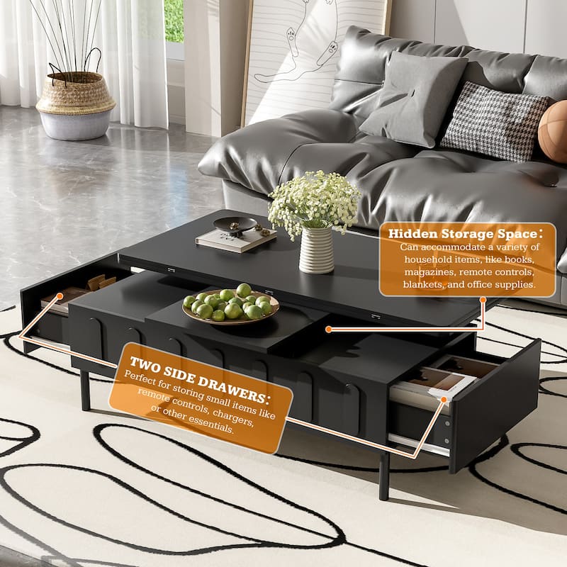 Roomfitters Lift-Top Coffee Table with 2 Drawers and Foldable Top, Hidden Storage Compartment, Adjustable Center Table
