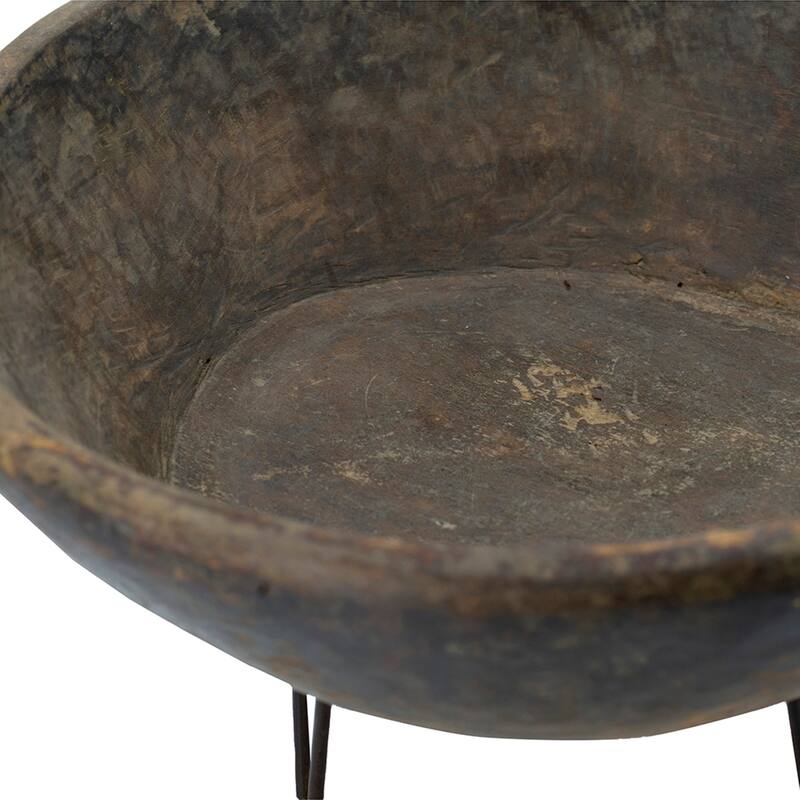 Hand-Carved Wooden Bowl with Metal Hairpin Legs - 20"