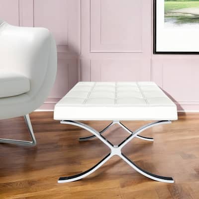 HomeRoots 24" White Genuine Leather and Silver Tufted Footstool Ottoman