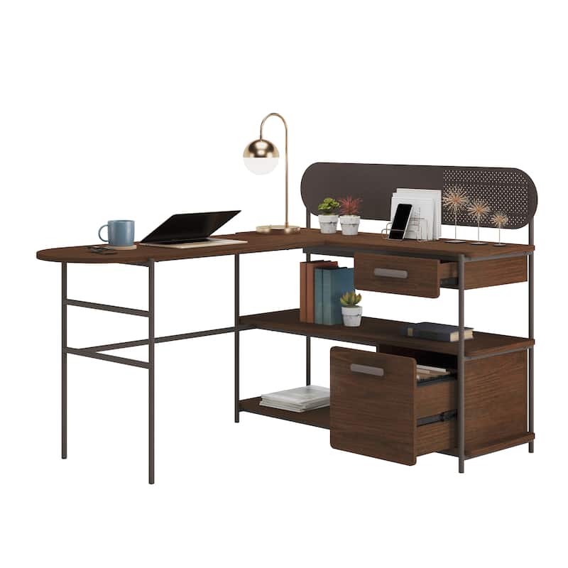 Wood L-Shaped Desk with 2 smooth-glide Drawers, Brown