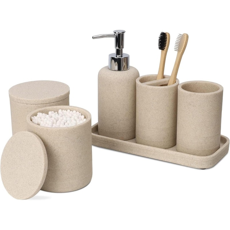 Bamboo Bathroom Accessories Set with Bamboo Trash Can 5 Piece Boho Bathroom  Accessory Set Toiletry Box Toothbrush Holder Liquid Soap Dispenser