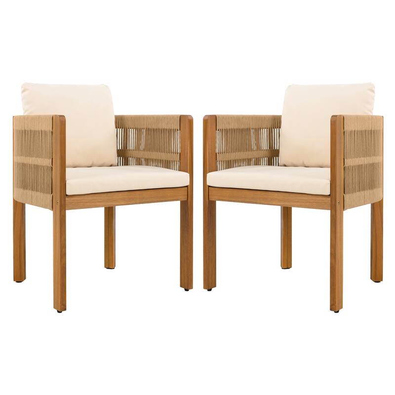 Acacia Wood Outdoor Dining Chairs 2-Pack with Brown Rope Handles, Washable Waterproof Cushions, 400 lbs Capacity
