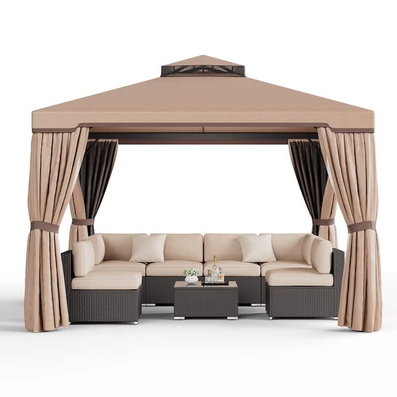 10 x 10 FT Outdoor Patio Gazebo Vented Soft Canopy with Double Tier Roof, Netting and Curtains
