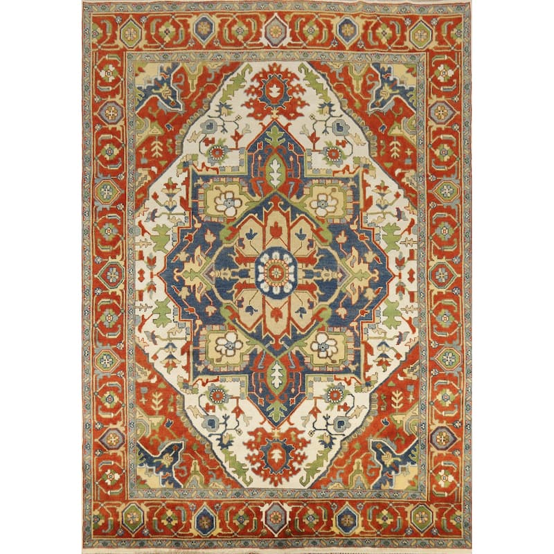 Geometric Medallion Heriz Serapi Indian Area Rug Handmade Wool Carpet - 8'11" x 11'7"