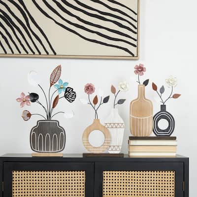 Multi Colored Wooden Patterned Vase Floral Decorative Sculpture with Metal Accents (Set of 3)