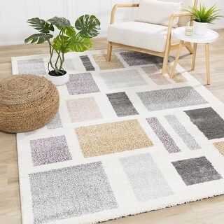 Soft Collection - Cream/Grey/Purple Uneven Blocks Rug - Bed Bath ...