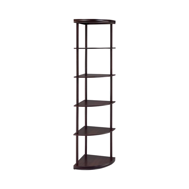 Illuminating corner bookcase with five pie shaped shelves, Brown