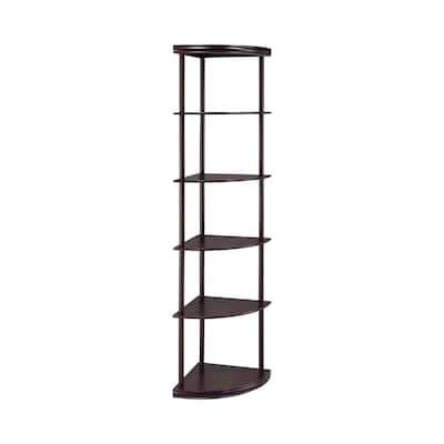 Illuminating corner bookcase with five pie shaped shelves, Brown