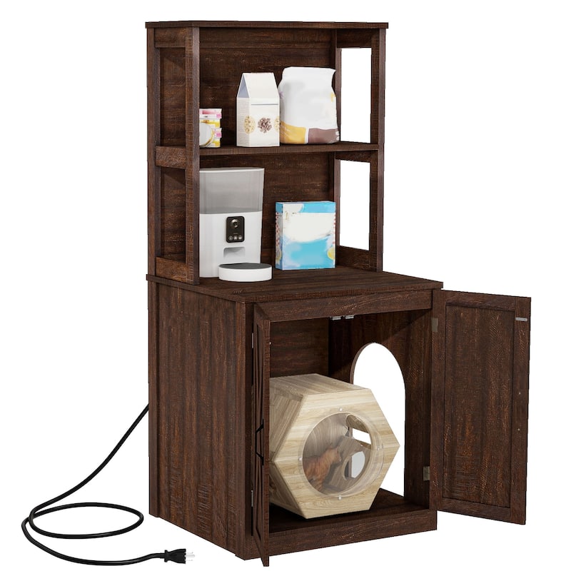 Hidden Cat Litter Box Enclosure Furniture Tall Storage Cabinet with Charging Station - Brown
