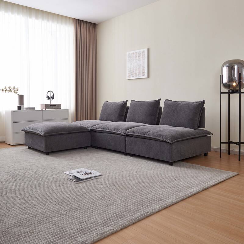 Gray 104" Chenille Upholstered Armless L-Shaped Modular Sectional Sofa with Moveable Ottoman, Free Combination Design