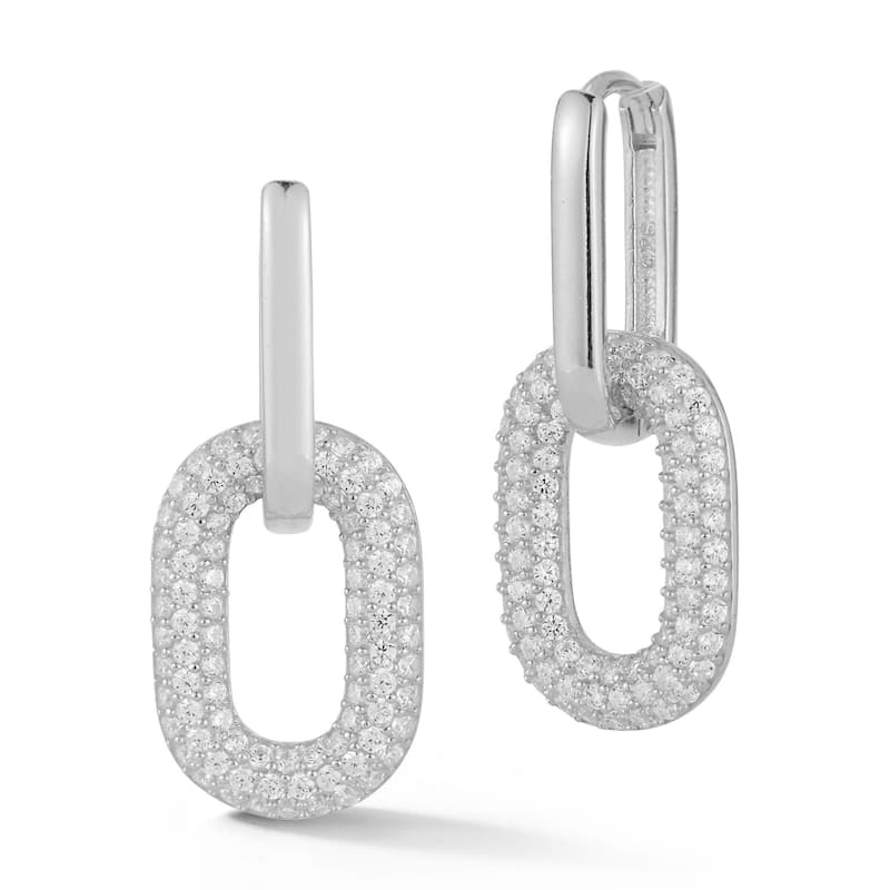 Soleil Sterling Silver Pave Oval Link Drop Earrings - White