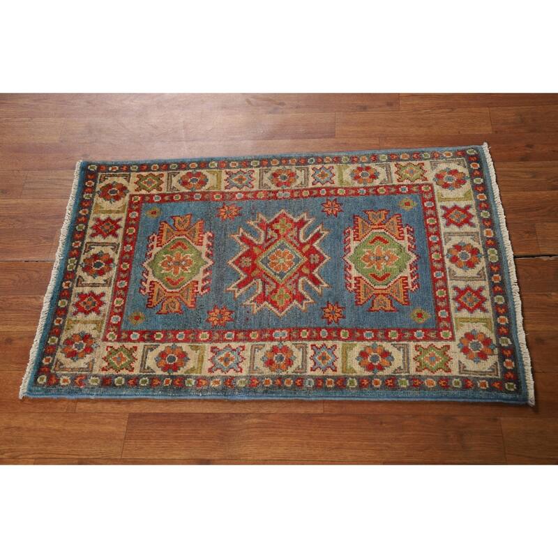 Blue Kazak Oriental Accent Rug Hand-Knotted Geometric Wool Carpet - 2'0" x 3'0"