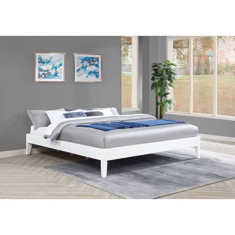 Universal White Eastern King Platform Bed with Slatted Frame and Customizable Headboard - White