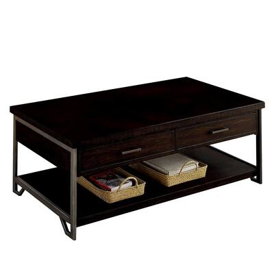 2 Drawer Wooden Coffee Table with Open Shelf, Dark Brown