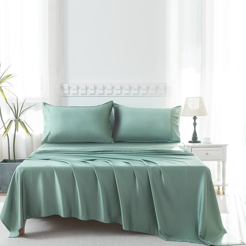 400TC Cooling Sheet Set, Sateen Weave 4 Piece Bedding with 16 Inch Deep Pocket Fitted Sheet - Green - Queen