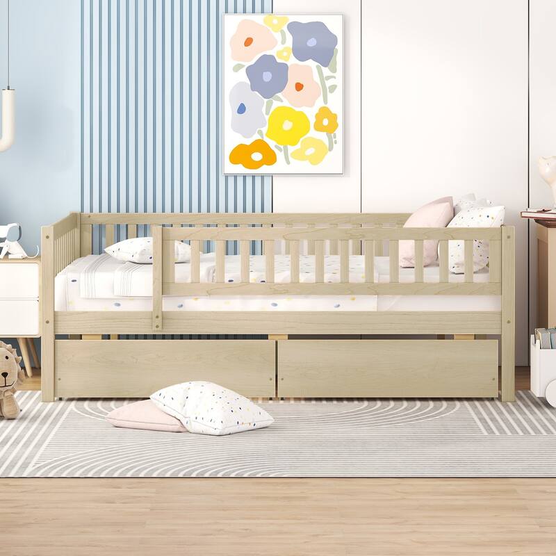 Twin Size Daybed Wood Bed Wood Platform Bed Frame No Box Spring Needed, 2 Extendable Wood Drawers with Trundle for Boys Girls - Natural/Drawers - Full
