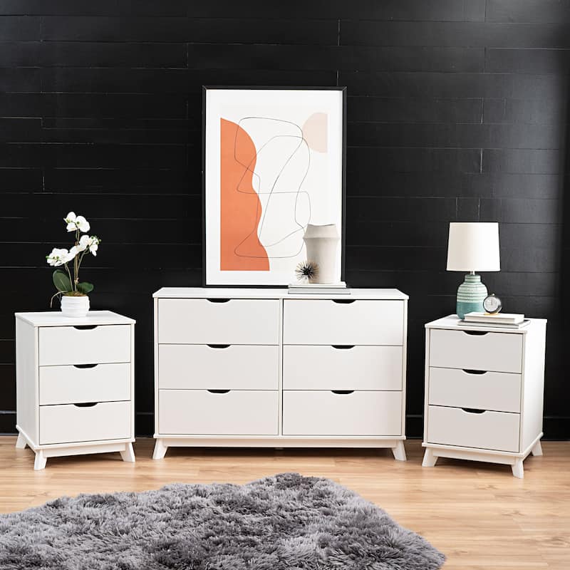Purcell Pine Wood 3-Piece Bedroom Set with 6-Drawer Dresser and 3-Drawer Nightstands (Set of 2) - White