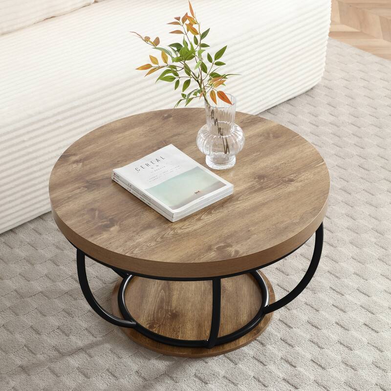 31" Round Industrial Coffee Table with 2-Tier Storage Shelves, Modern Wood & Black Metal Accent Center Table