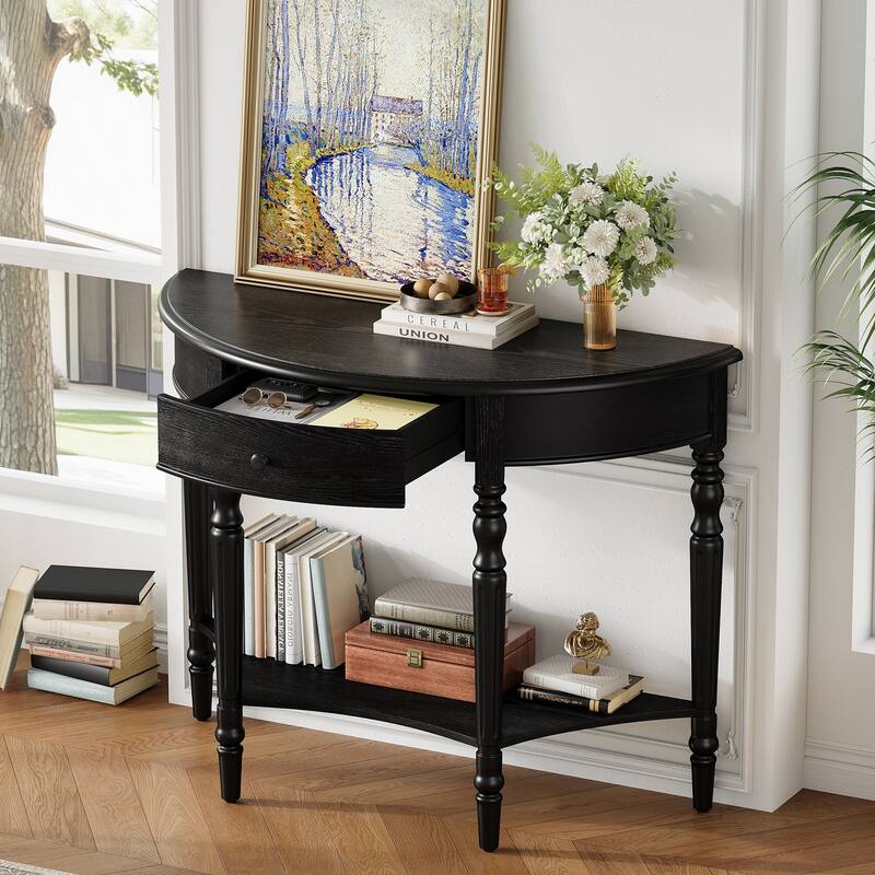 Farmhouse Half Moon Console Table with Drawer & Shelf - Sofa Table in Black