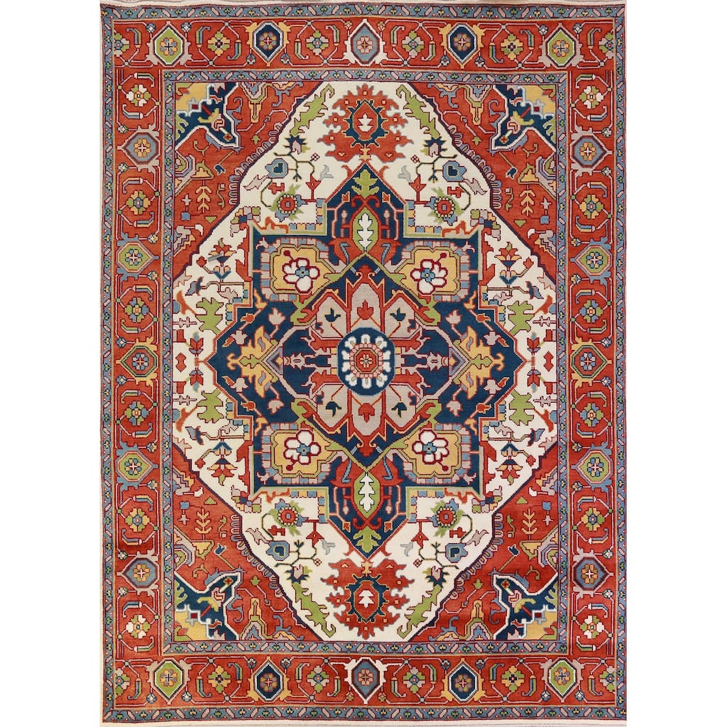 Ivory & Orange Medallion Heriz Serapi Indian Area Rug 9x12 - 9' x 12'