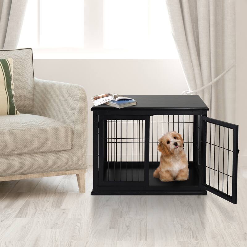 PawHut Dog Crate Furniture, Small Dog Cage End Table with Two Opening Sides, Lockable Door, Puppy Kennel Indoor - Black