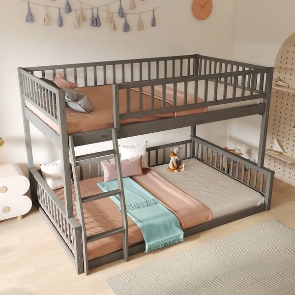 slide 2 of 9, Full XL Over Queen Solid Wood Bunk Bed Frame with Ladder Guardrails, Detachable into 2 Platform Beds, No Box Spring Needed,Grey Grey - Queen