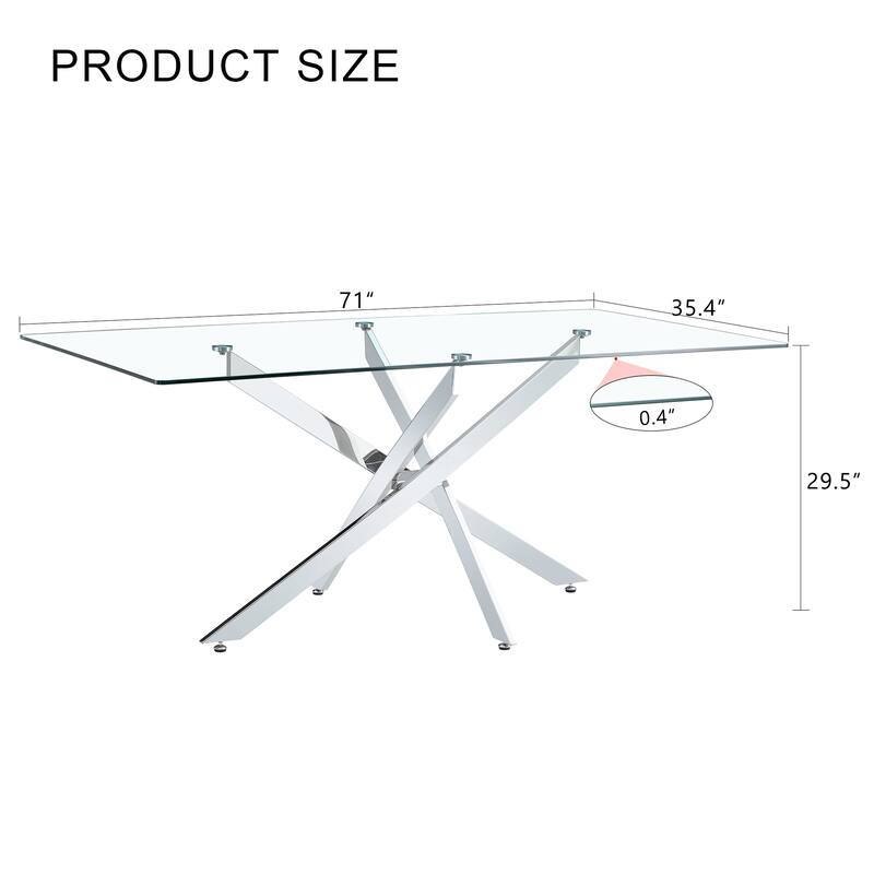 Large Modern Minimalist Rectangular Glass Dining Table with 0.4" Tempered Glass Tabletop and Gold Metal Legs, for 4-6 people