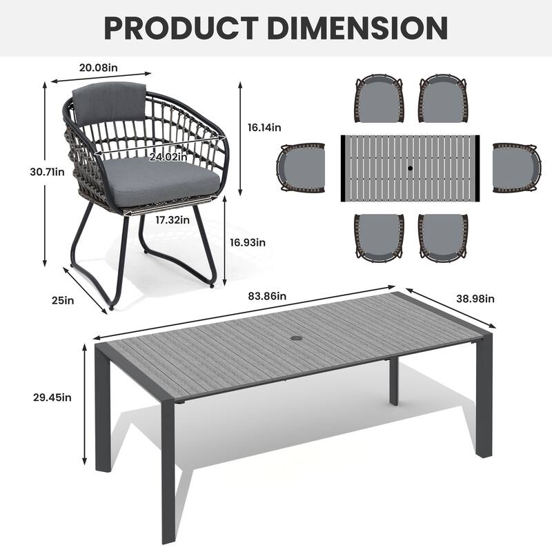 7/9-Piece Outdoor Patio Dining Set Aluminum Dining Table with Umbrella Hole and PE Rattan Chairs