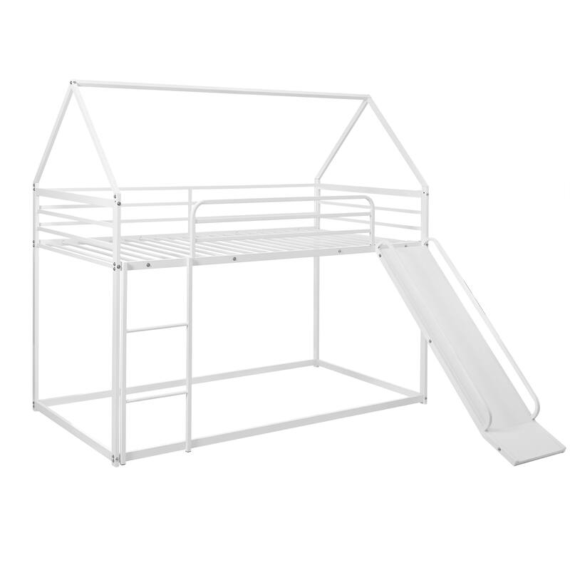 Metal Twin Over Twin Bunk Bed with Ladder and Slider, Sturdy and Safe Design