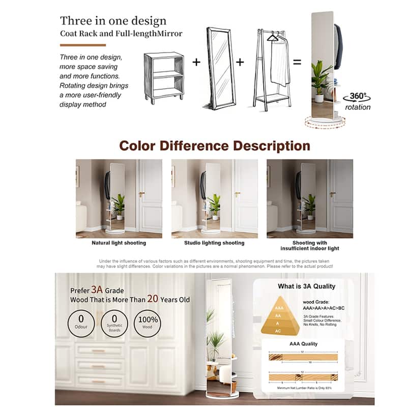 360 Rotating Multifunctional Full Length Mirror with Hook Storage Rack Coat Rack