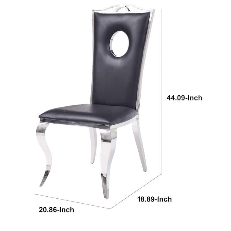 Leatherette Upholstered Metal Side Chairs with Cabriole Style Legs, Black and Silver, Set of Two