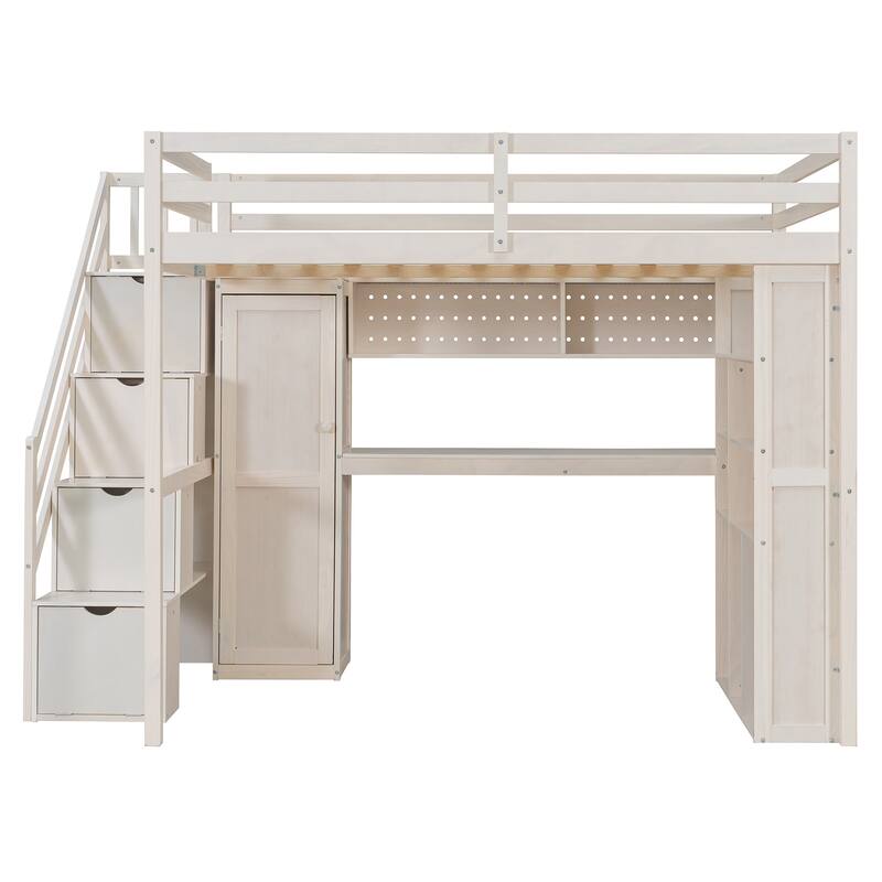 Full Loft Bed with Built-In Wardrobe & Study Desk - Space-Saving Frame with LED Lights & Shelves
