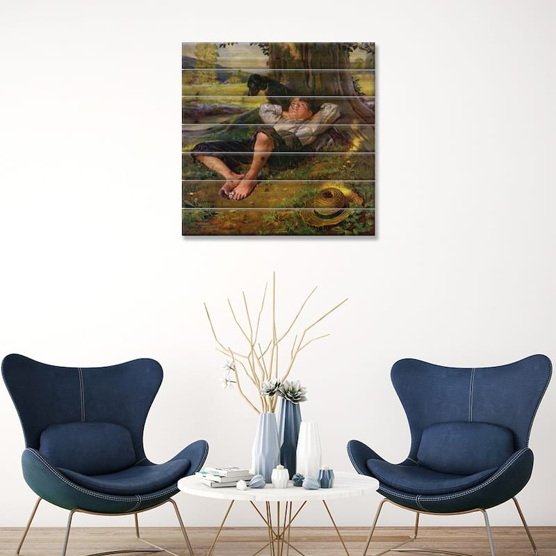 Barefoot Boy Daydreaming Print On Wood by Norman Rockwell - Multi-Color