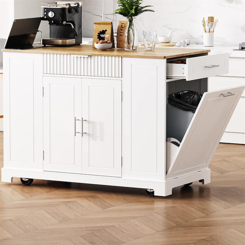 Rolling Kitchen Island w/ Power Outlet,Internal Rack,3 Open Side Racks