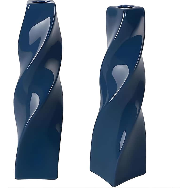 Blue Tall Curvy Santa Fe Style Ceramic Candlesticks Set of Two - Blue