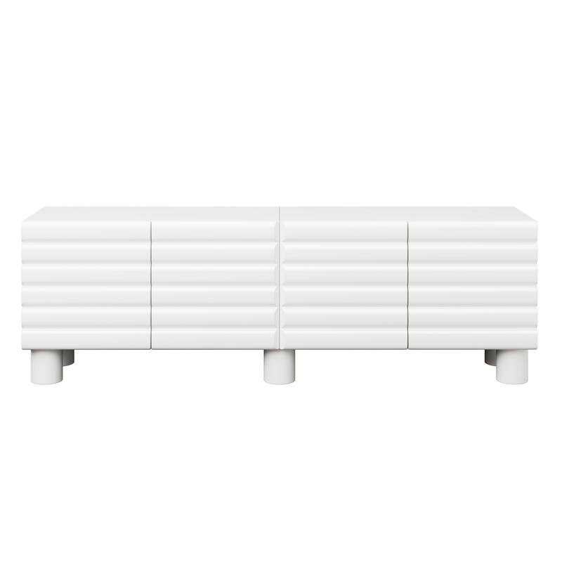 75 inch TV Stand Media Console with 4 Cabinets, Cream Wavy Door Cabinet with Cylindrical Legs & Cable Management