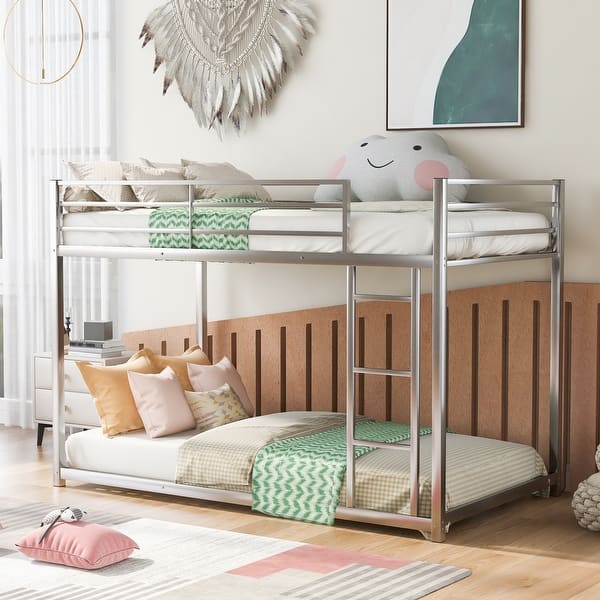 slide 2 of 11, Silver Twin over Twin Size Metal Low Bunk Bed with Ladder & Fence Twin over Twin - Silver