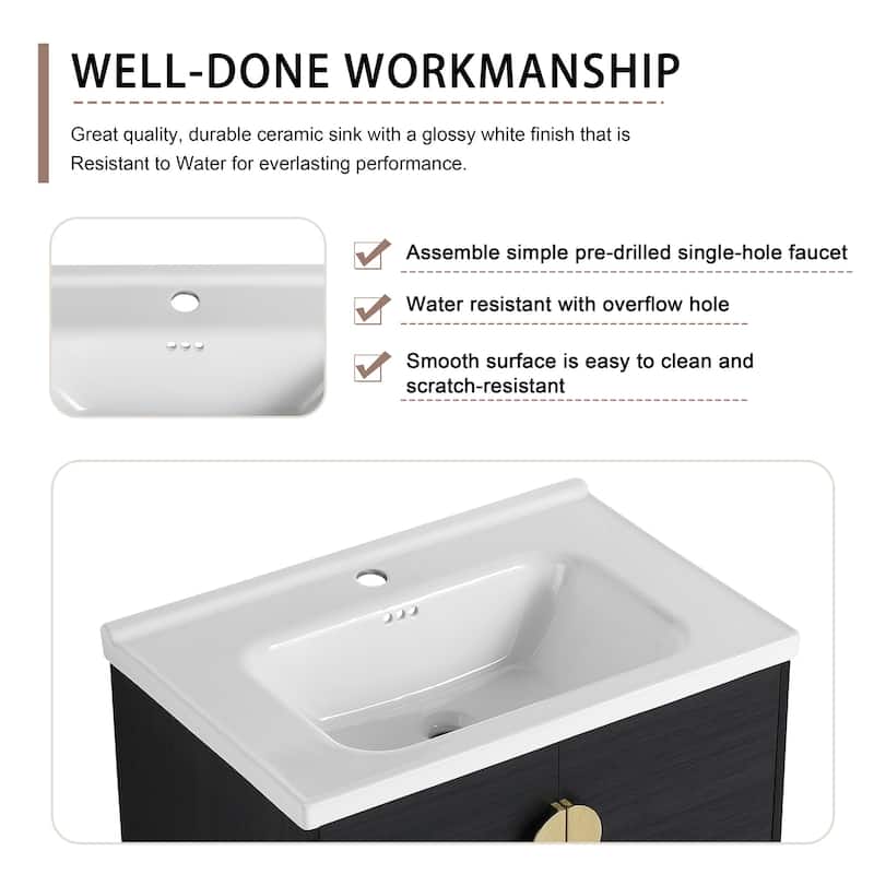 28 Inch Plywood Wall Mounted Bathroom Vanity Set in Black with Integrated Ceramic Basin