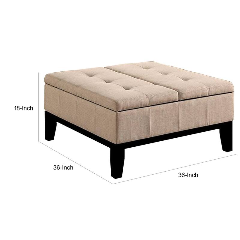 Orin 36 Inch Ottoman, Split Storage Lid, Tufted Beige Upholstery, Wood