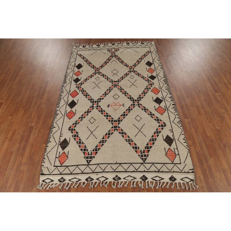 Geometric Moroccan Oriental Area Rug Hand-Knotted Beige Wool Carpet - 6'0"x 9'8"