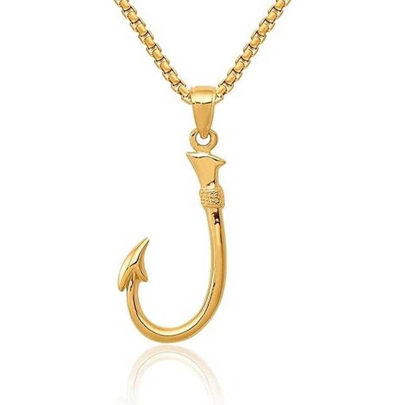 Curata 14k Yellow or White Gold 18" Textured Polished 3-D Fishing Hook Necklace - 32.7x13.3mm - Yellow