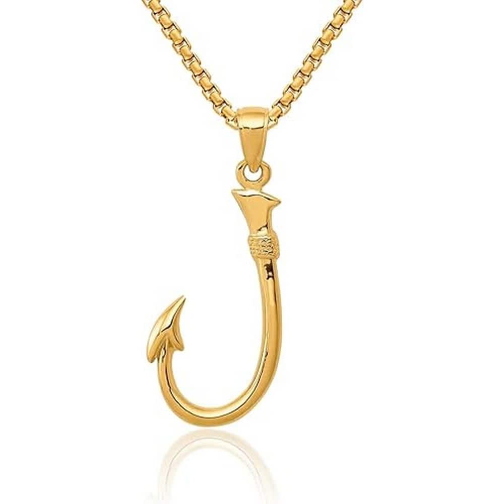 Curata 14k Yellow or White Gold 18" Textured Polished 3-D Fishing Hook Necklace - 32.7x13.3mm
