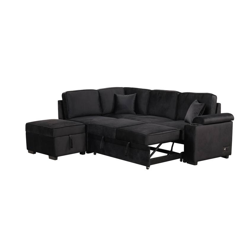 Sleeper Sofa Bed with Storage Ottoman, 2 in 1 Convertible Sectional Sofa Couch, Velvet 4-Seater Sofa with Cup Holder